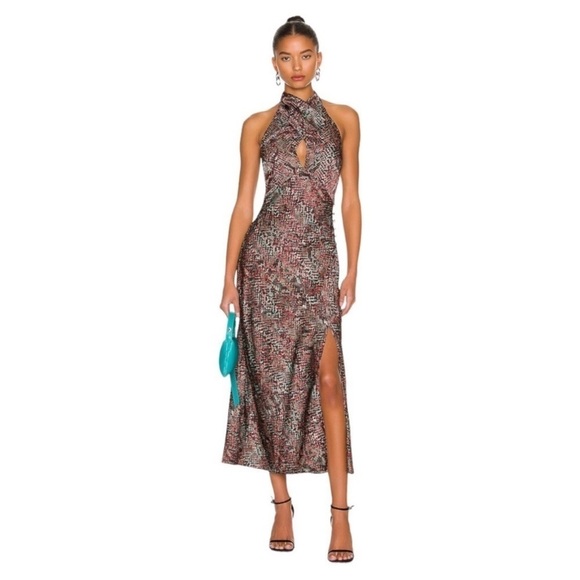 NICHOLAS Aline Cross Over Halter Midi Dress with Side Gather - Picture 1 of 8